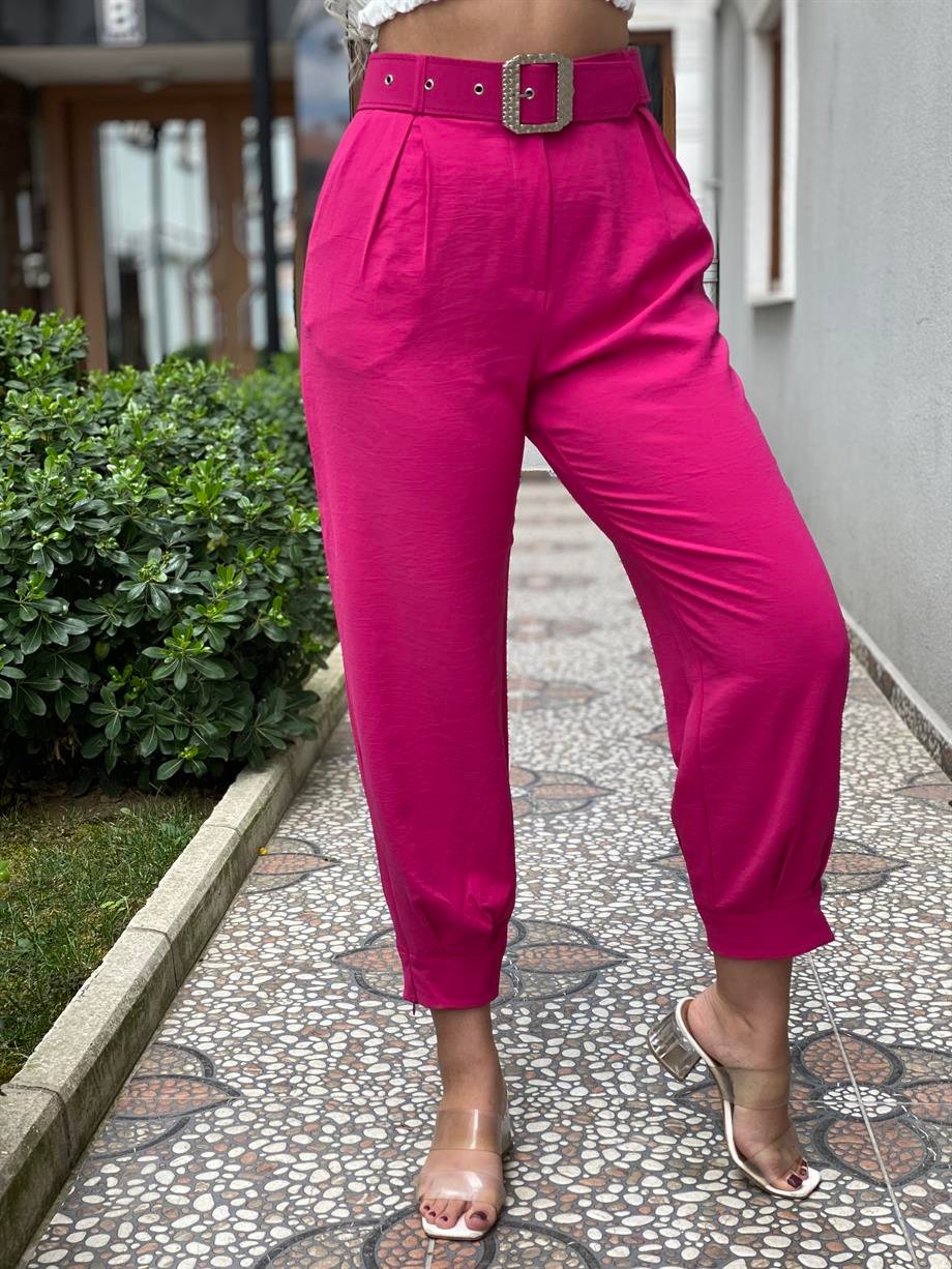 Ayrobin Keten Kemerli Pembe Şalvar Pantalon 