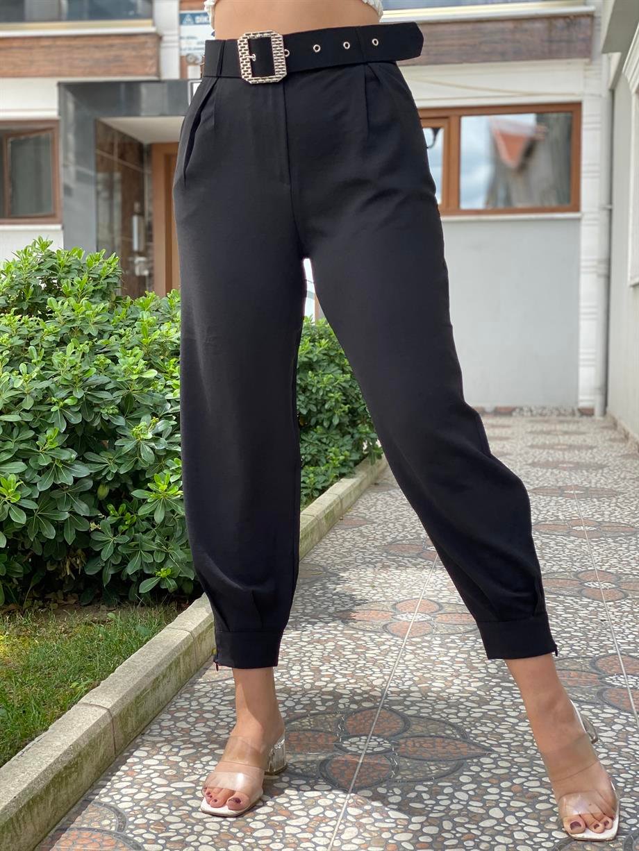 Ayrobin Keten Kemerli Şalvar Pantalon Siyah