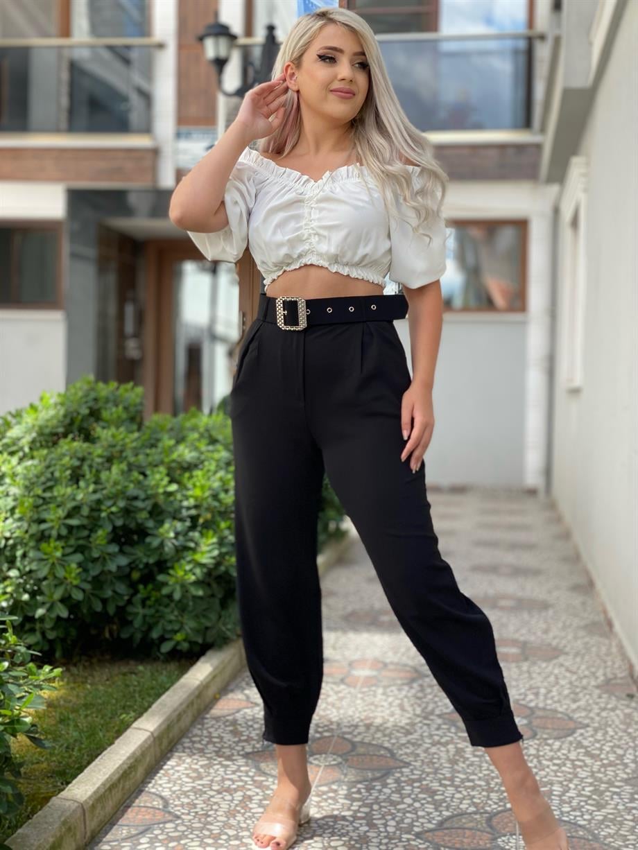 Ayrobin Keten Kemerli Şalvar Pantalon Siyah