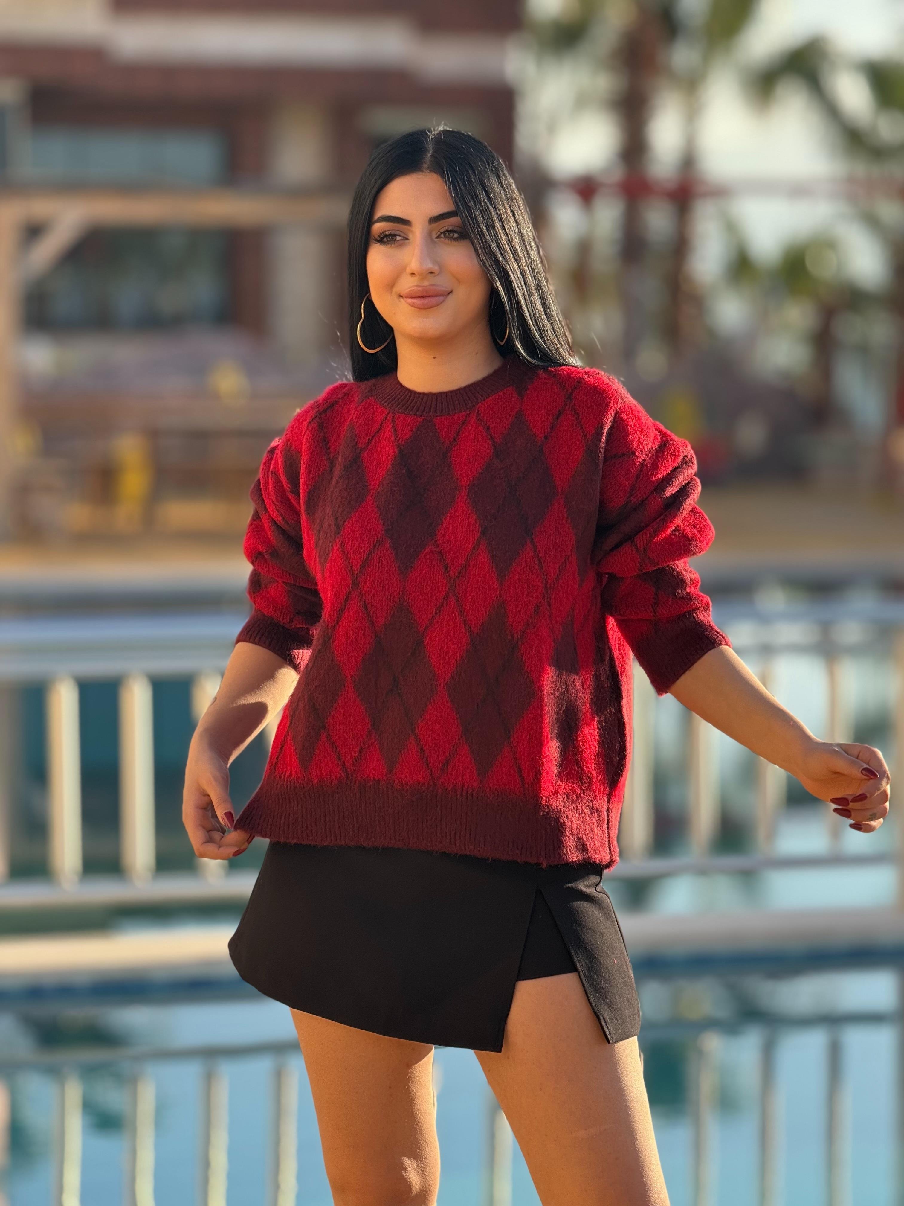 Baklava Desen Yumoş Kırmızı Kazak