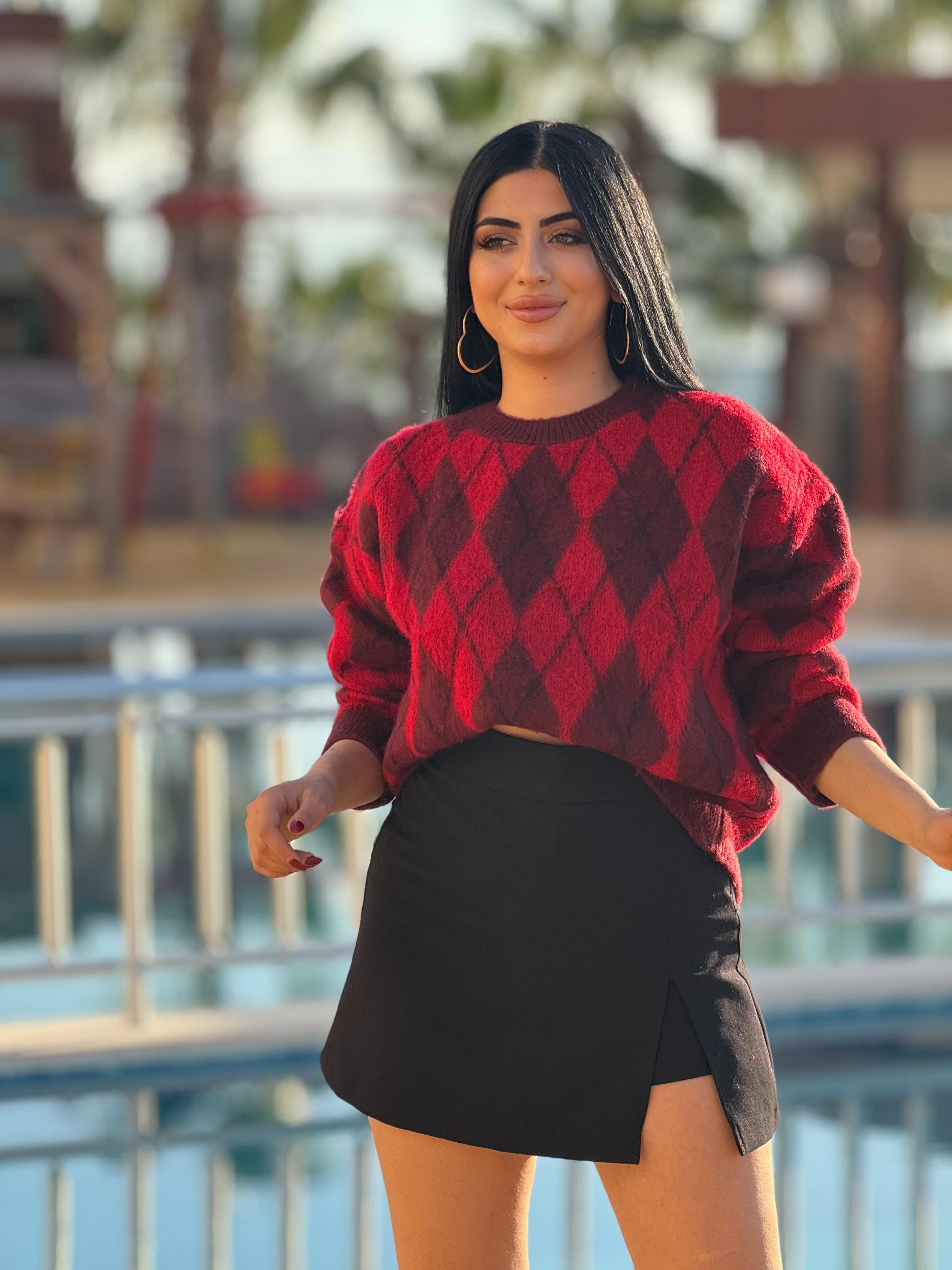 Baklava Desen Yumoş Kırmızı Kazak