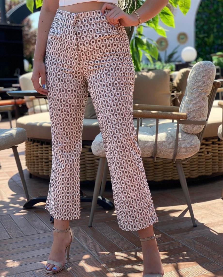Bej Desenli Tasarım Bilekte Pantalon