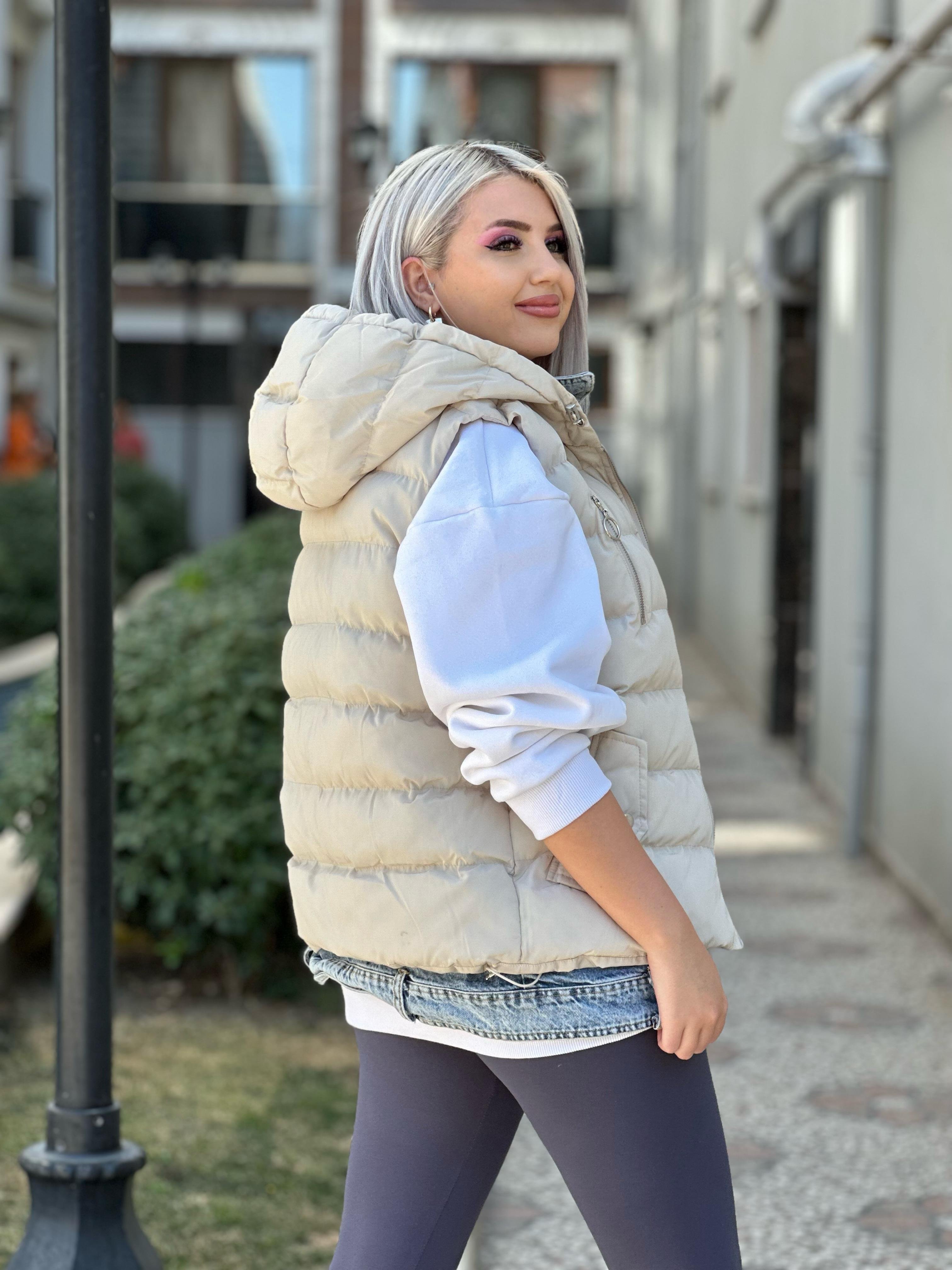 Bej Kot Detaylı Şişme Yelek