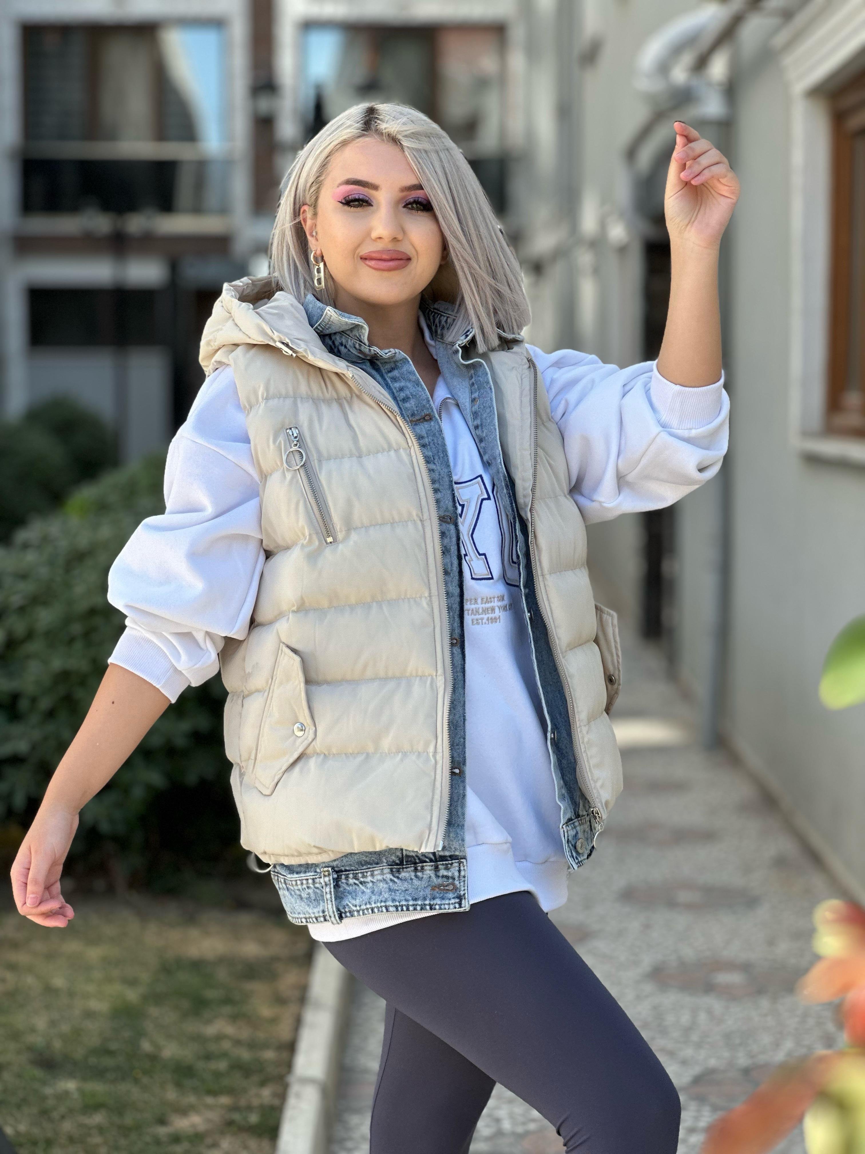 Bej Kot Detaylı Şişme Yelek