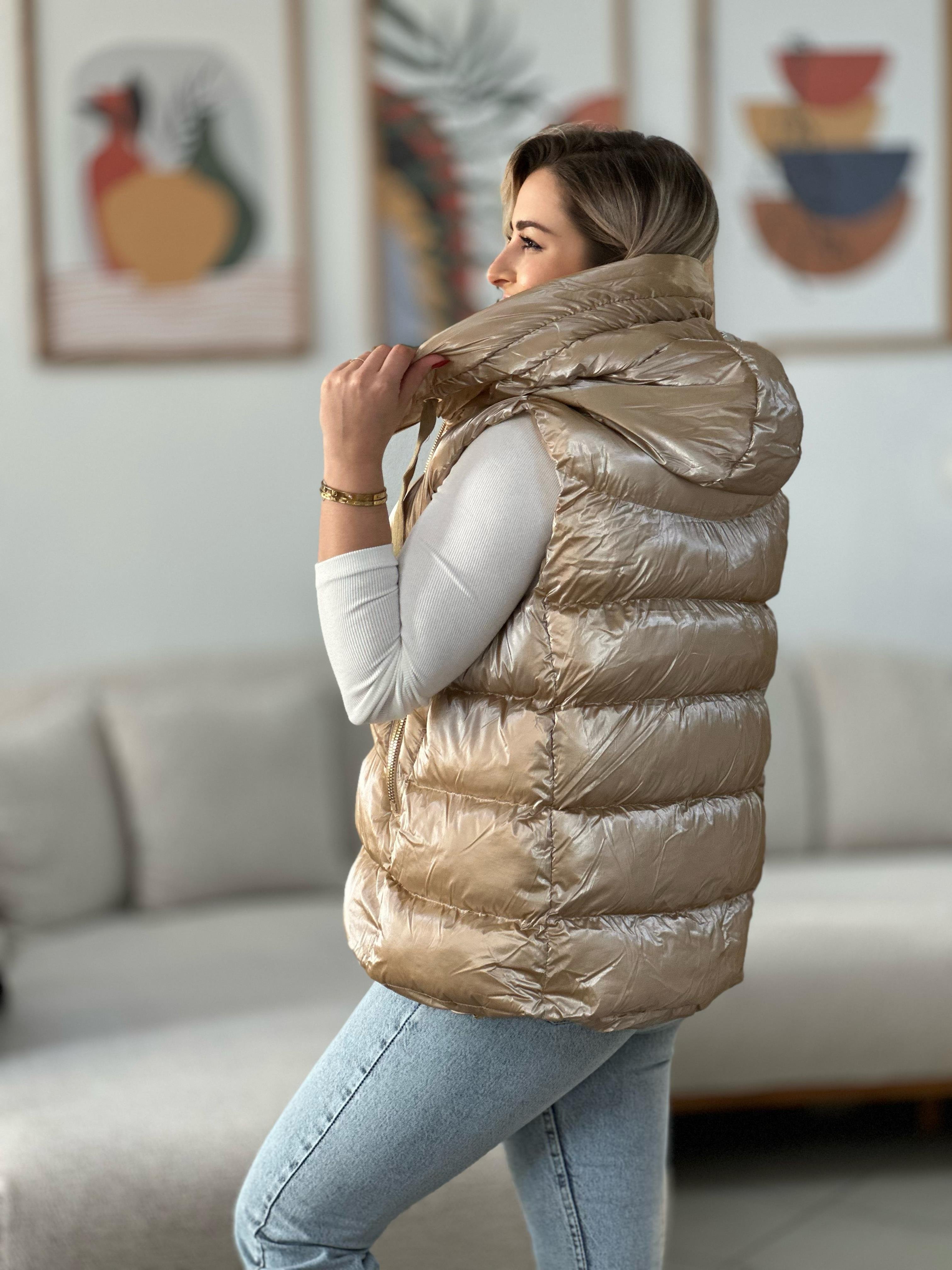 Bej Tasarım Parlak Puffer Yelek