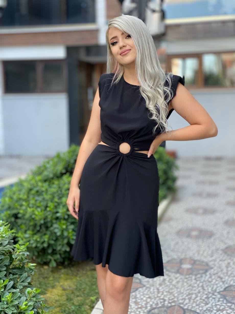 Bel Dekolteli Tasarım Siyah Elbise 