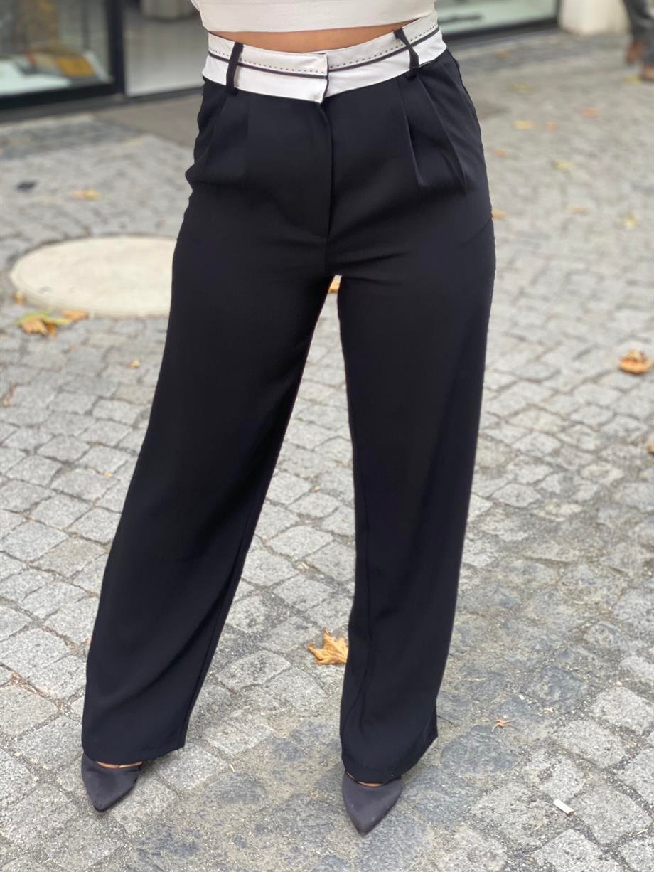 Bel Şeritli Siyah Palazzo Pantalon 
