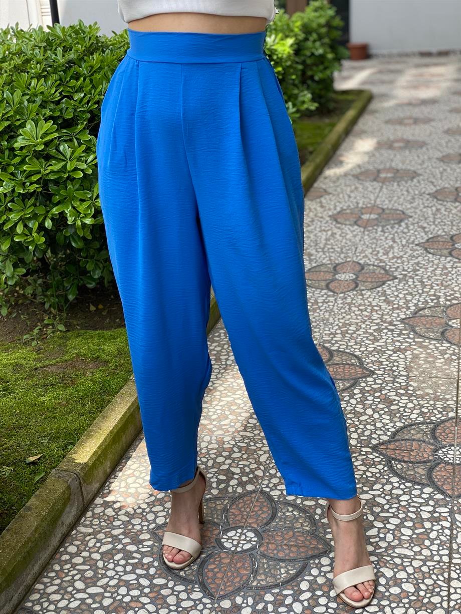 Beli Lastikli Havuç Pantalon Mavi