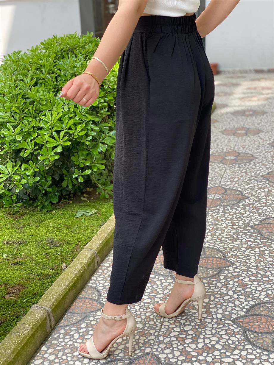 Beli Lastikli Havuç Pantalon Siyah