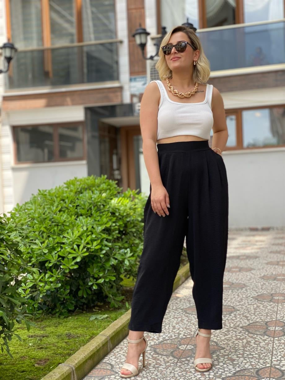 Beli Lastikli Havuç Pantalon Siyah