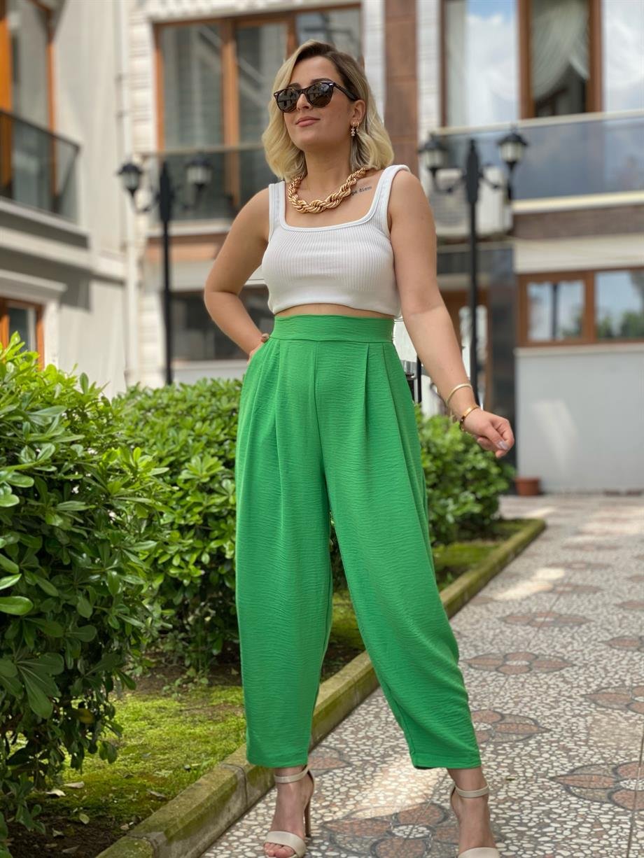 Beli Lastikli Havuç Pantalon Yeşil
