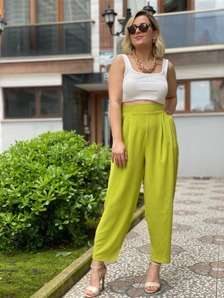Beli Lastikli Havuç Pantolon Yağ Yeşili