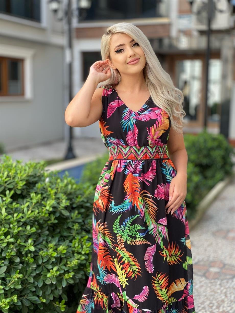 Beli Lastikli Sıfır Kol Şifon Elbise 