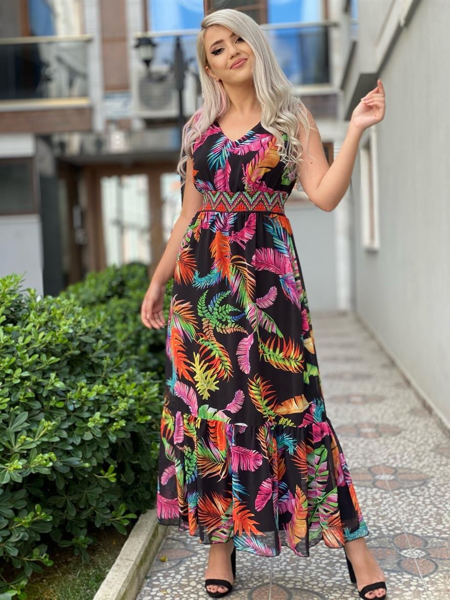 Beli Lastikli Sıfır Kol Şifon Elbise 