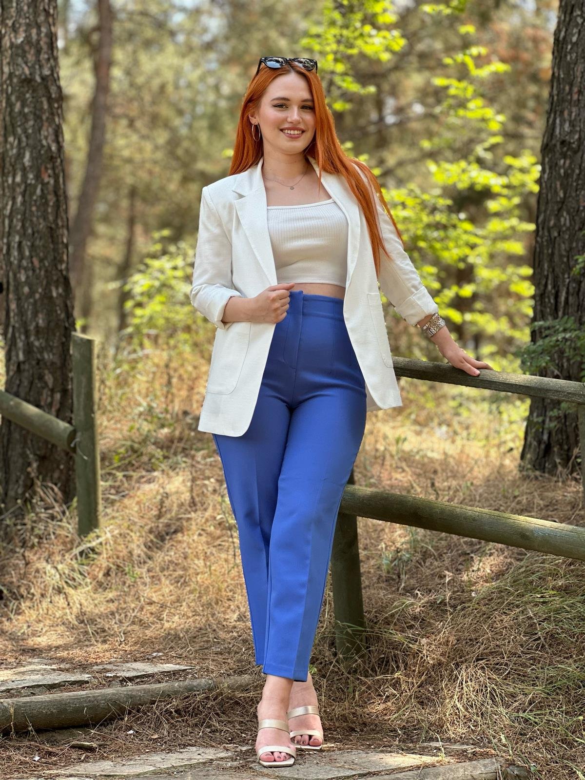 Beyaz Keten Torba Cepli Blazer