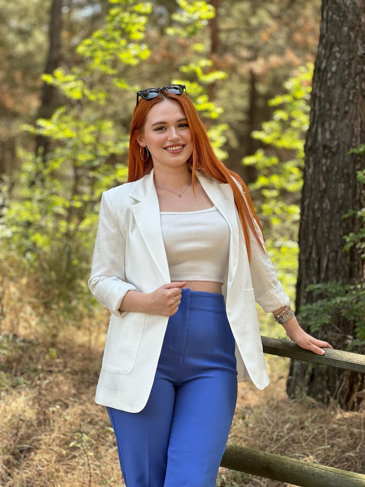 Beyaz Keten Torba Cepli Blazer
