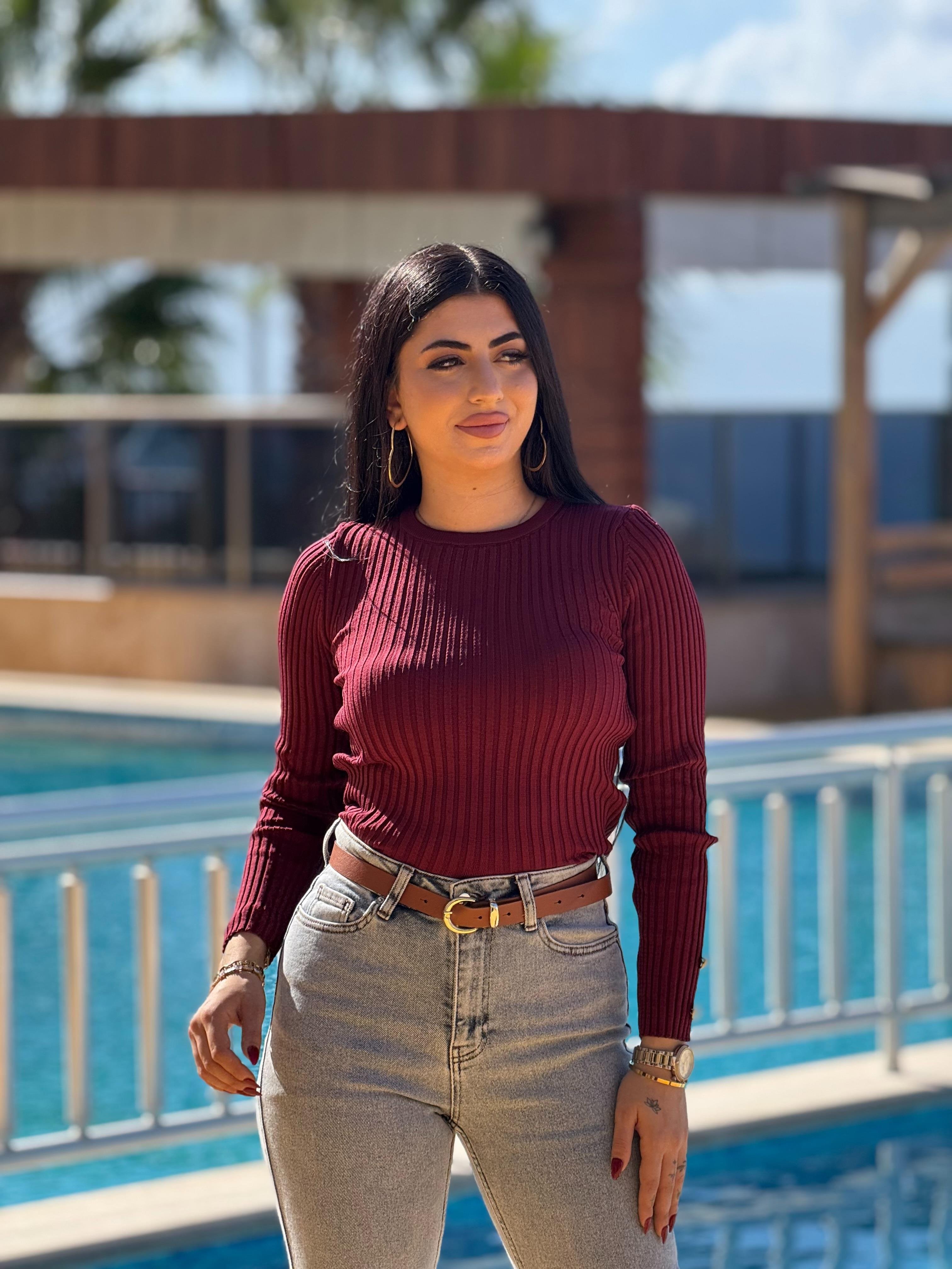Bisiklet Yaka Gold Düğme Detaylı Bordo Badi 