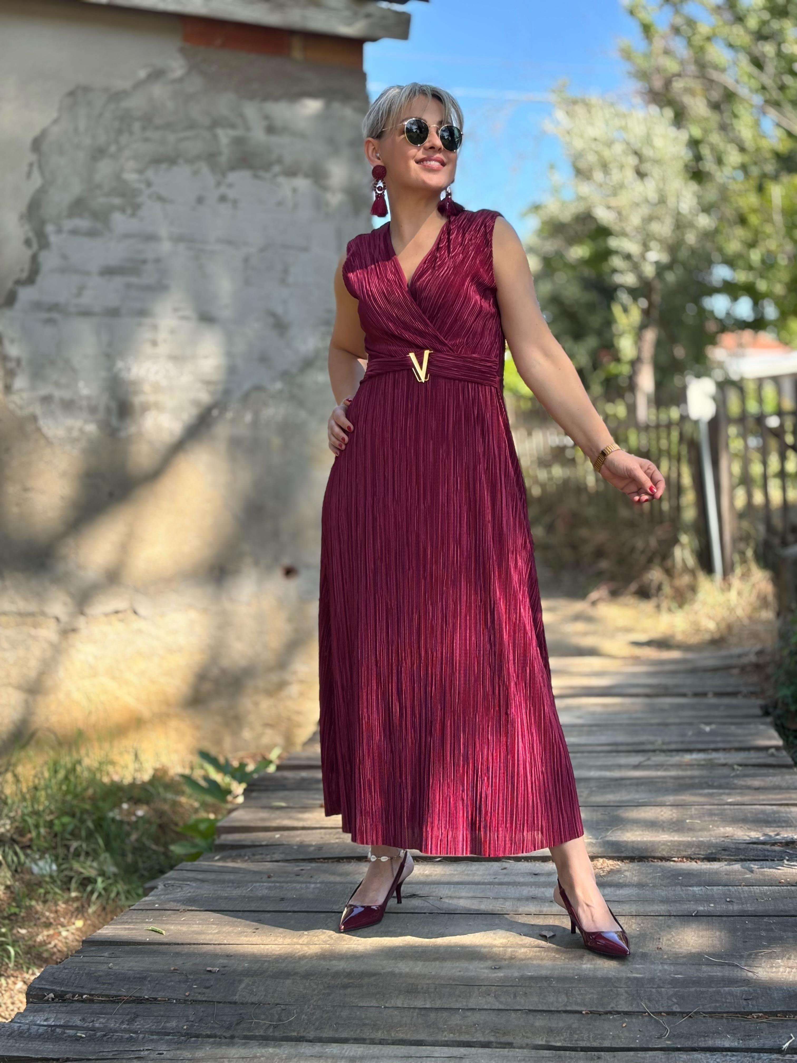 Bordo Gold Toka Detaylı Elbise
