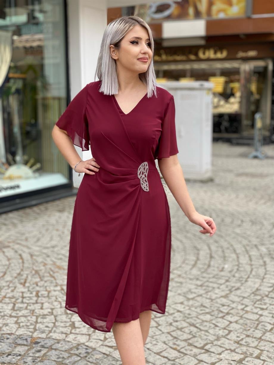 Bordo Taş Detay Şifon Elbise 