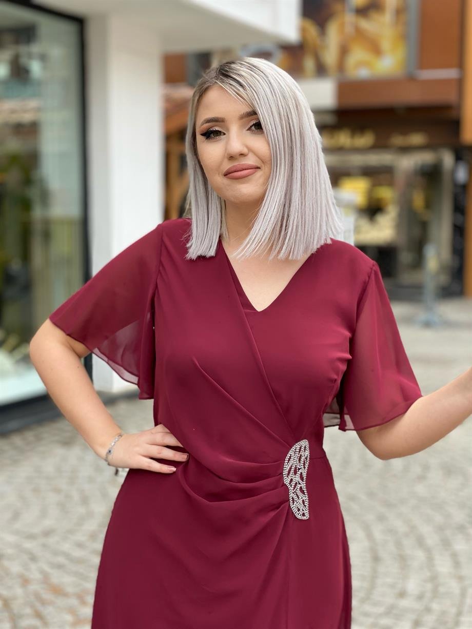Bordo Taş Detay Şifon Elbise 