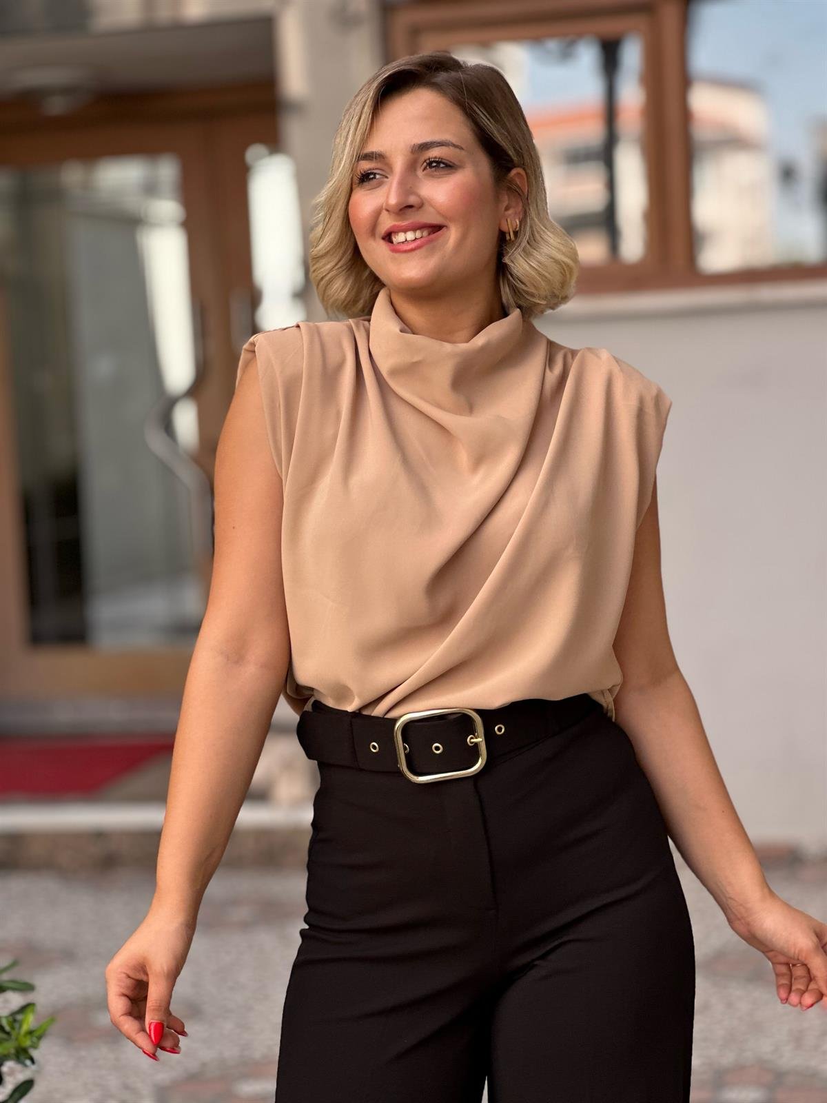Camel Omuz Vatkalı Degaje Bluz 