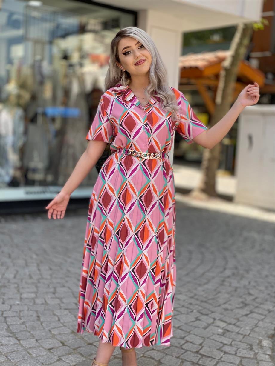 Ceket Yaka Pembe Piliseli Elbise