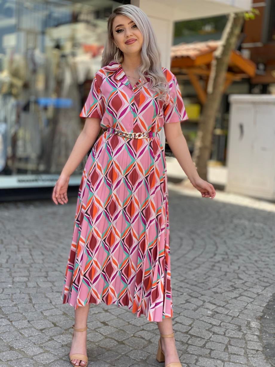 Ceket Yaka Pembe Piliseli Elbise