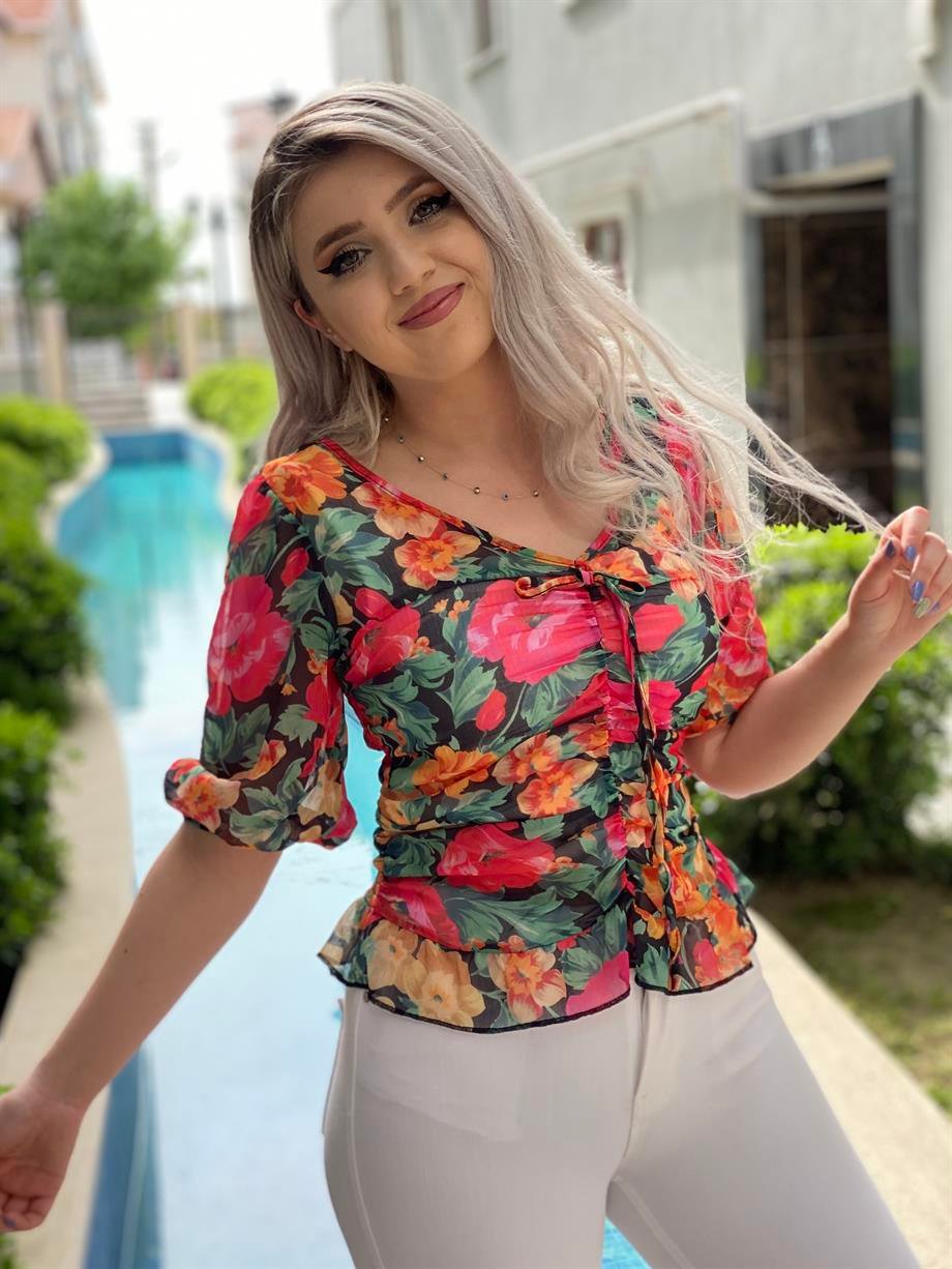 Çiçekli Drapeli Şifon Bluz 