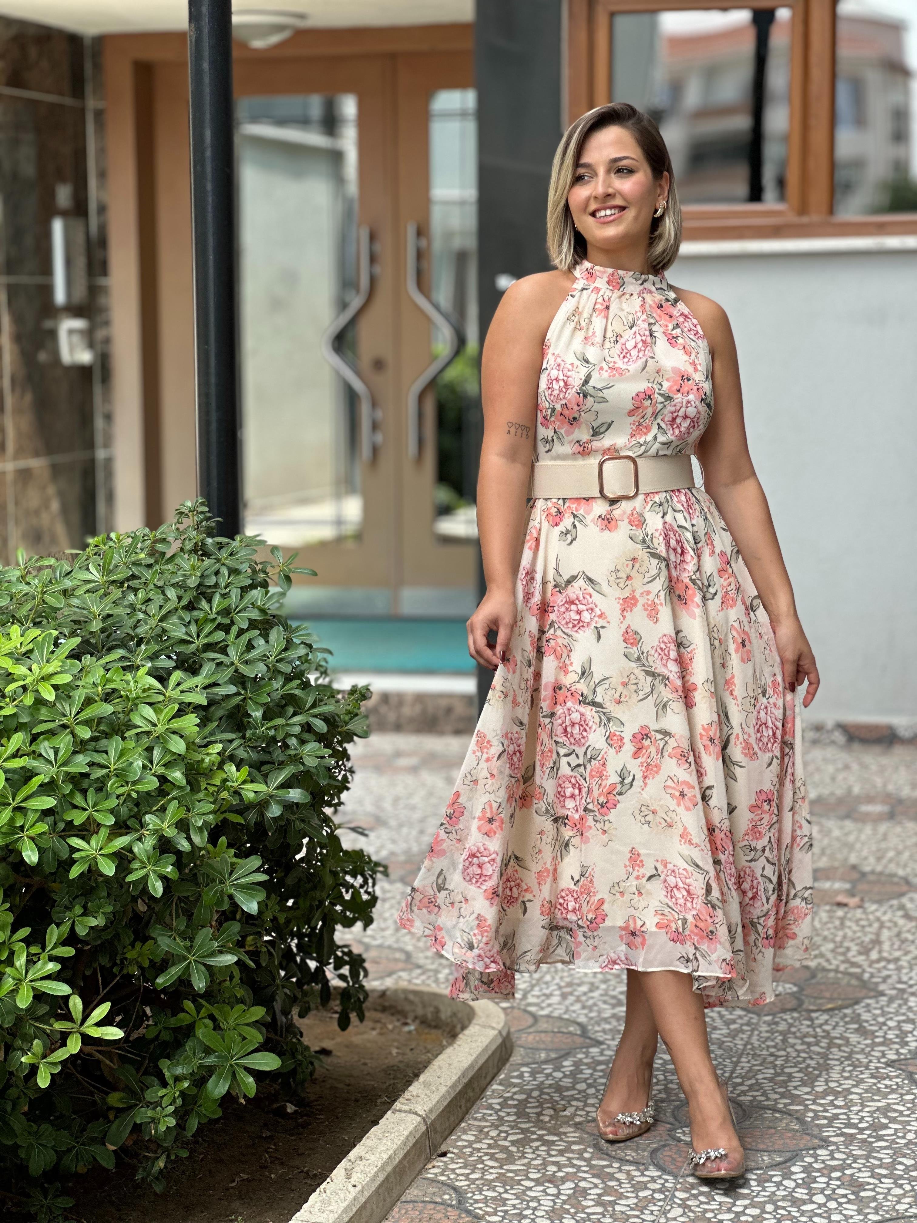 Çiçekli Kemerli Şifon Elbise