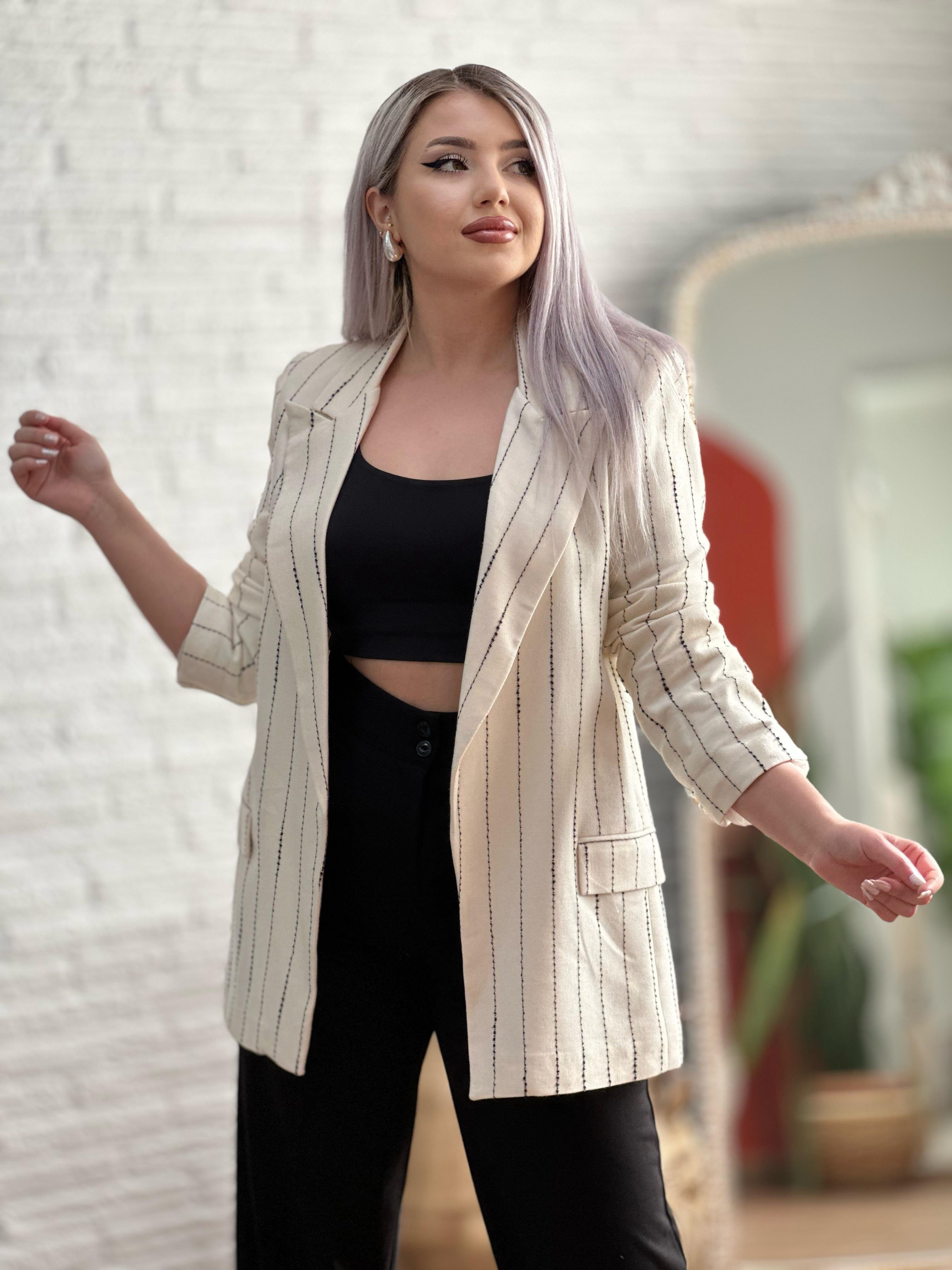 Çizgili Ham Keten Blazer