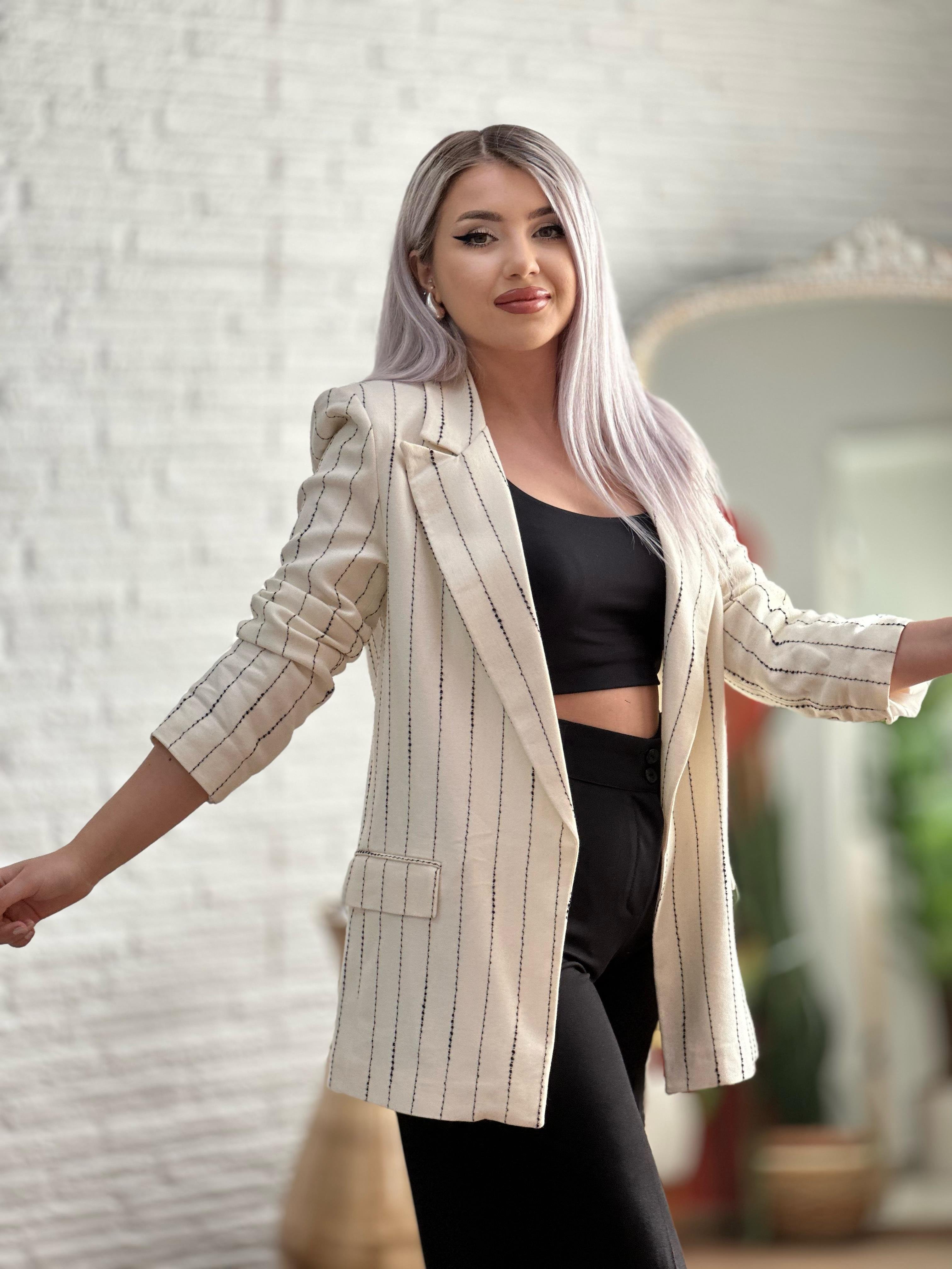 Çizgili Ham Keten Blazer
