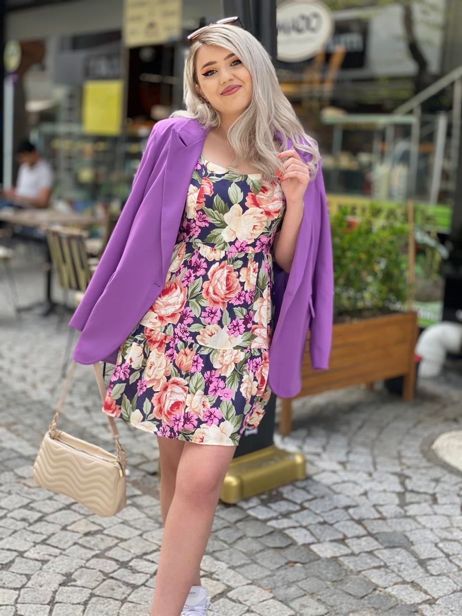 Çok Renkli Sırt Dekolteli Mini Elbise