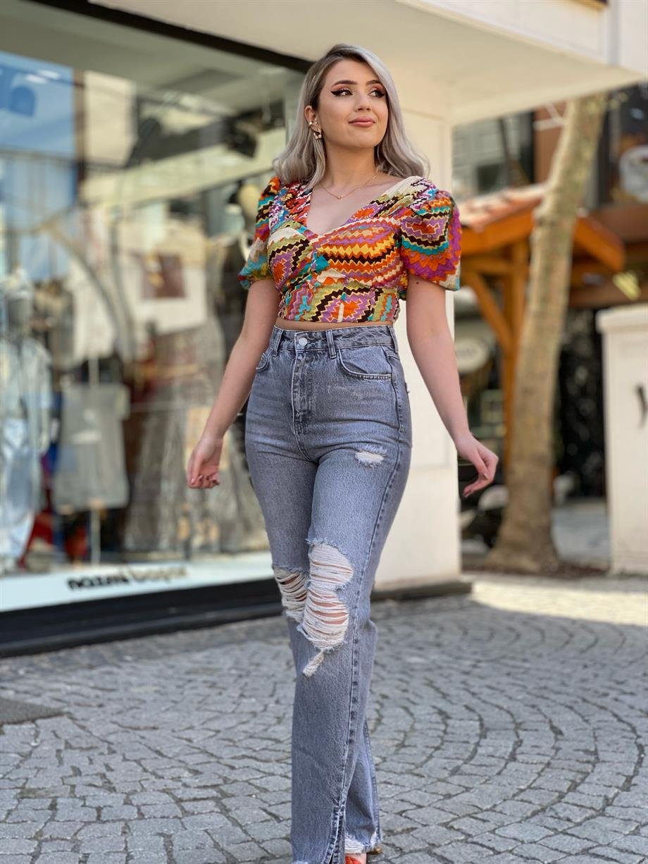 Desenli Crop Bluz 