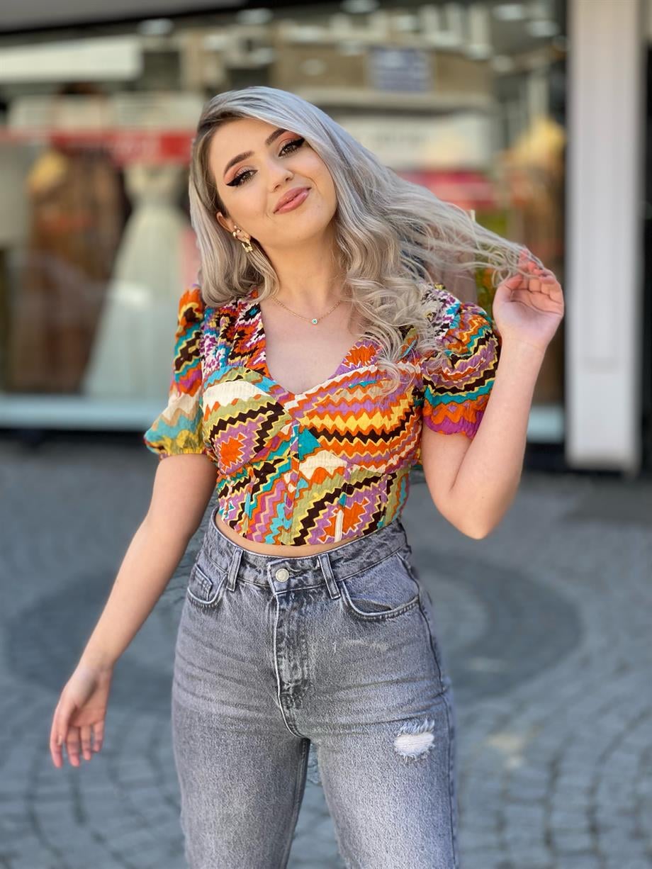 Desenli Crop Bluz 