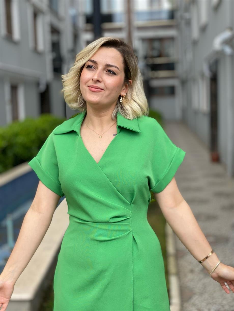 Duble Kumaş Drağeli Çimen Yeşili Elbise