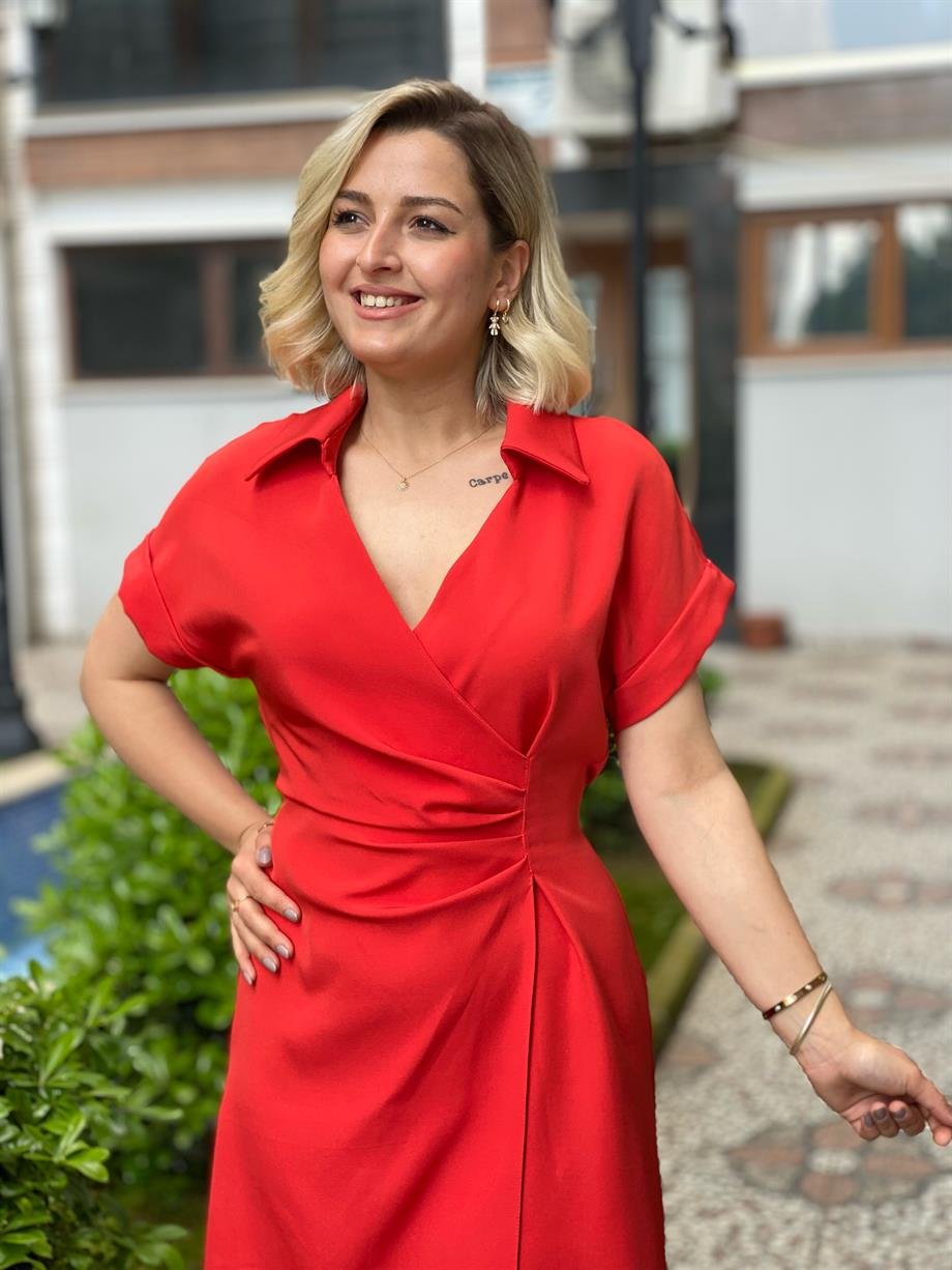 Duble Kumaş Narçiçeği Kruvaze Elbise