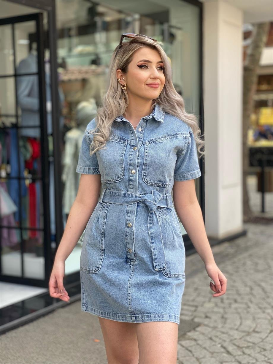 Düğme Detaylı Jean Elbise 