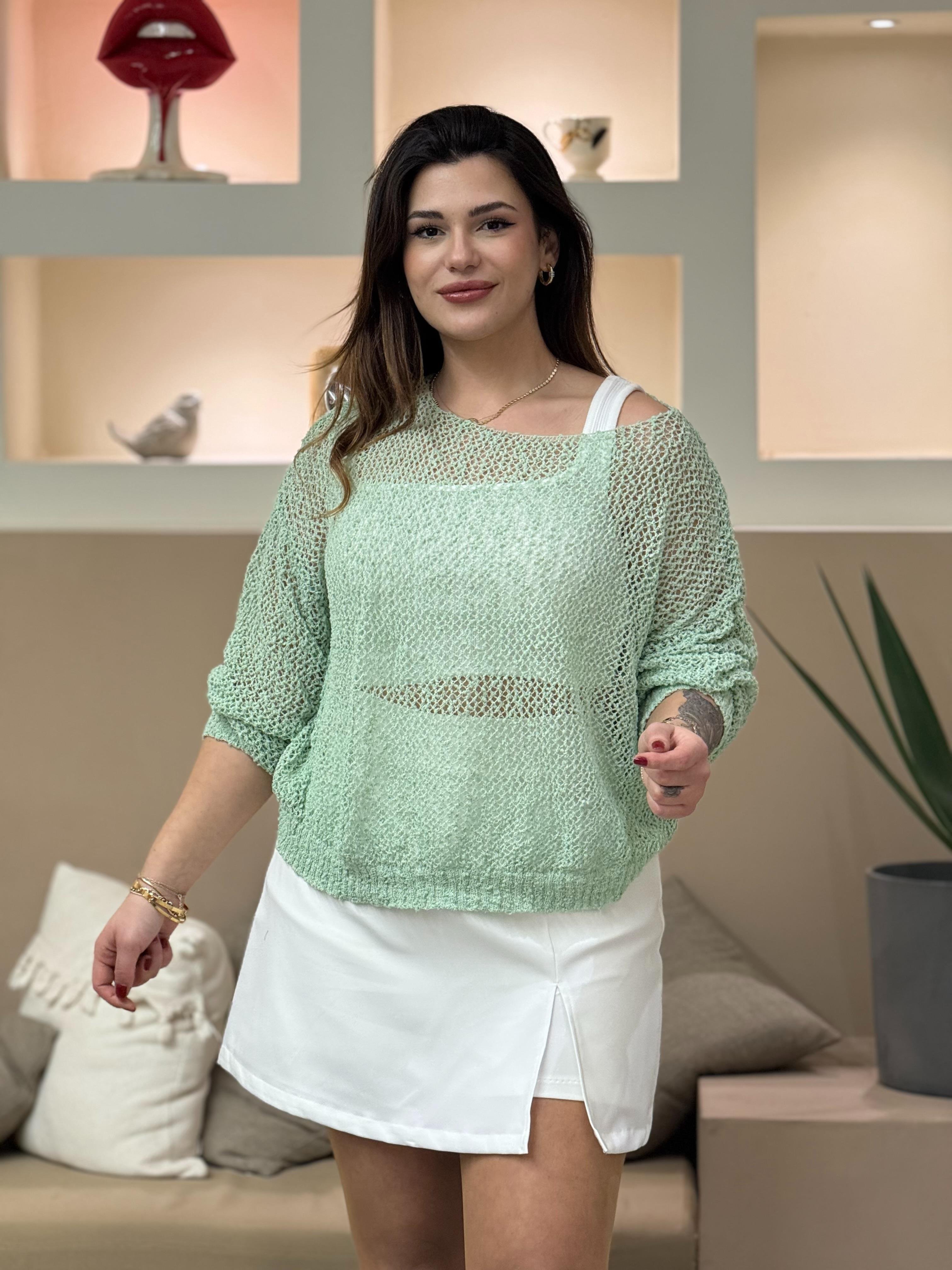 Düşük Omuz Ajurlu Bluz Mint 
