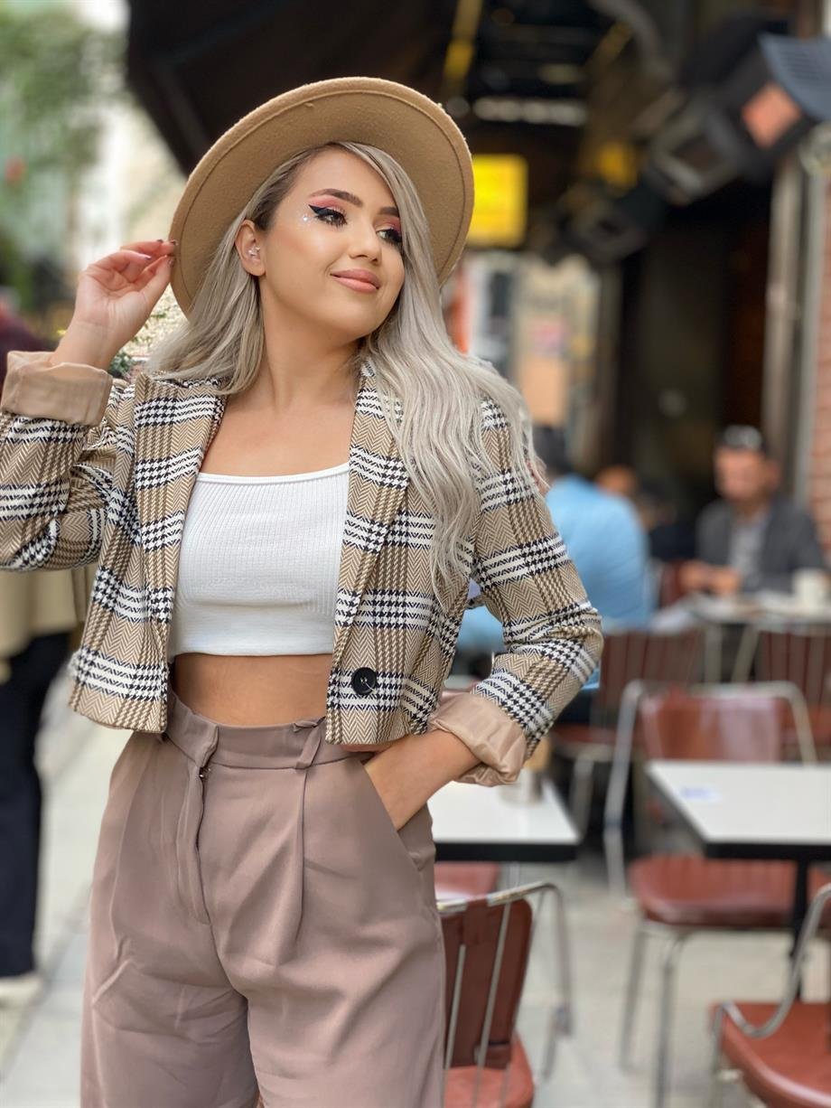 Ekoseli Tek Düğme Blazer 