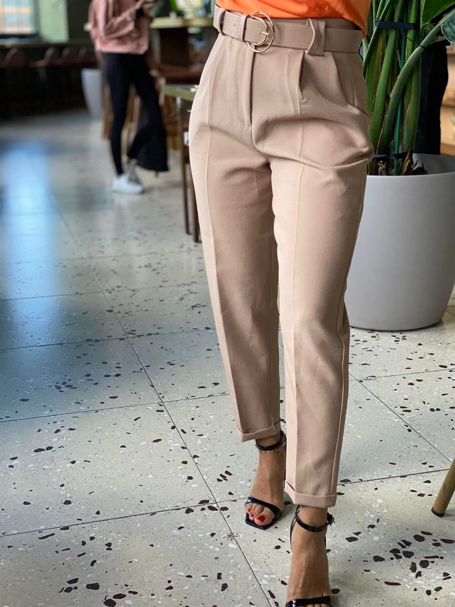 Ekru Yüksek Bel Kemerli Havuç Pantalon