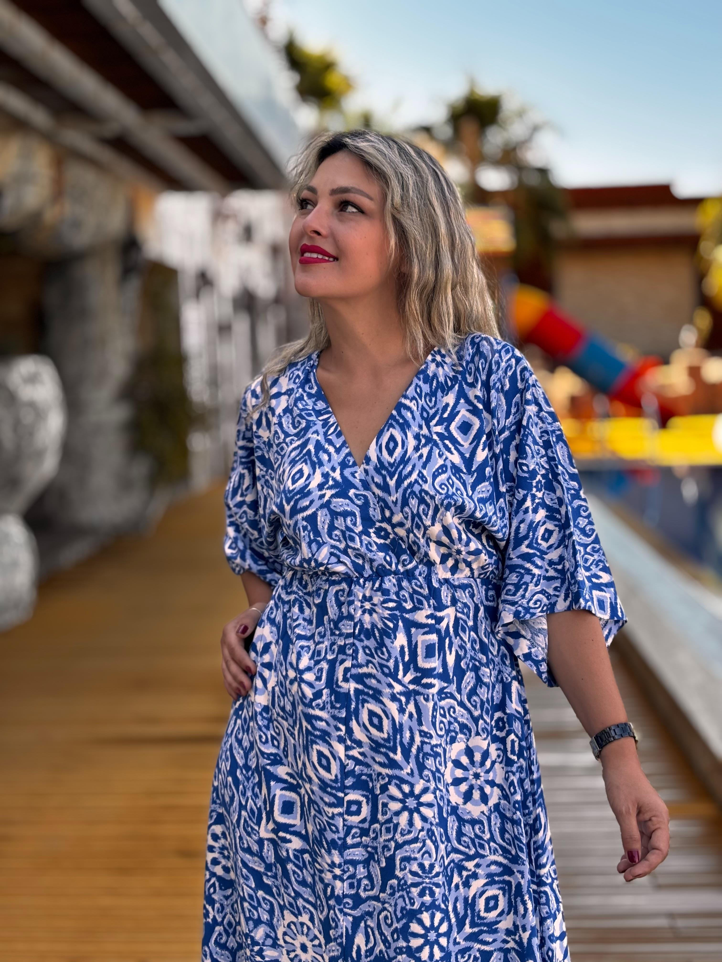Etnik Desen Düşük Kol Elbise