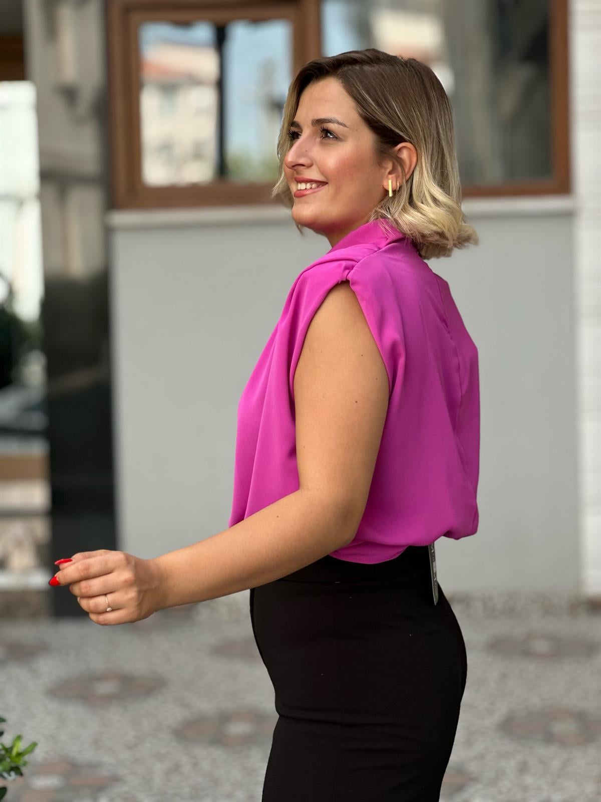 Fuşya Degaje Yaka Vatkalı Bluz 
