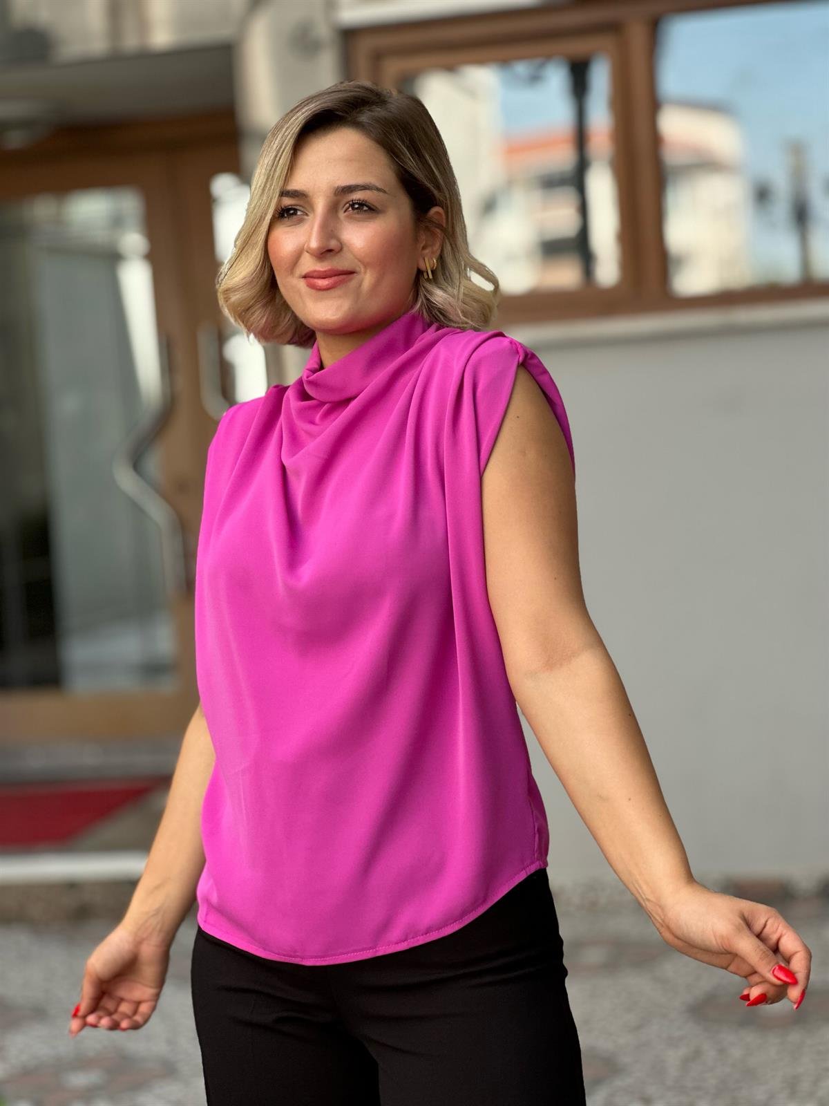 Fuşya Degaje Yaka Vatkalı Bluz 