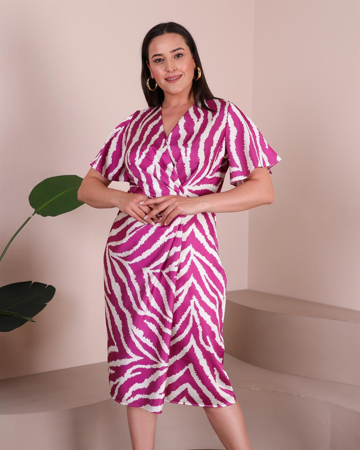 Fuşya İpek Saten Zebra Elbise
