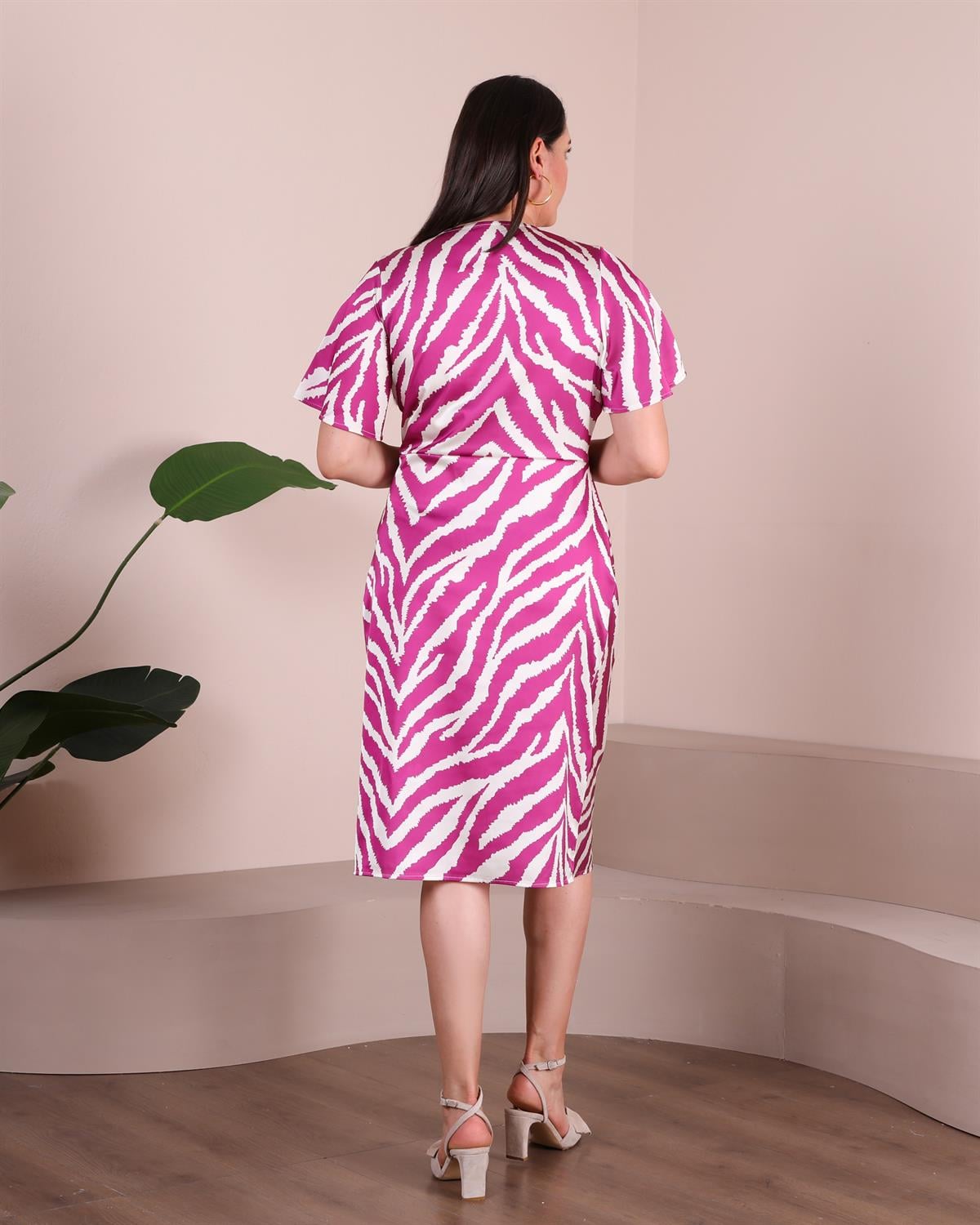 Fuşya İpek Saten Zebra Elbise