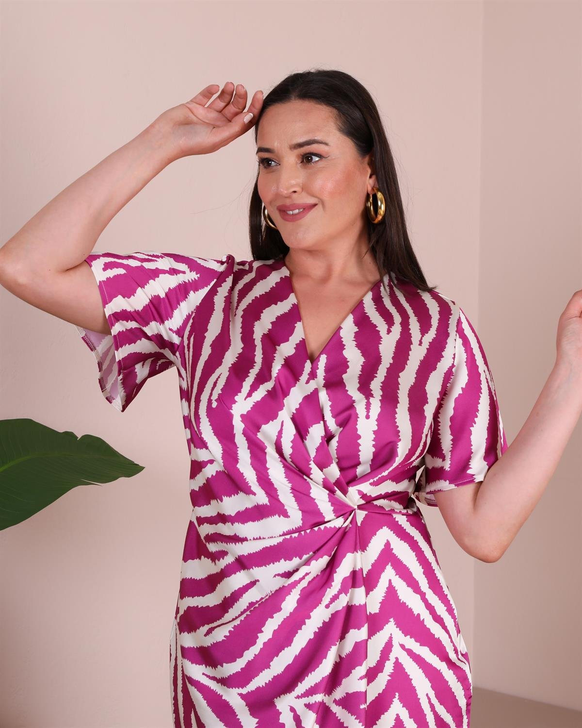 Fuşya İpek Saten Zebra Elbise