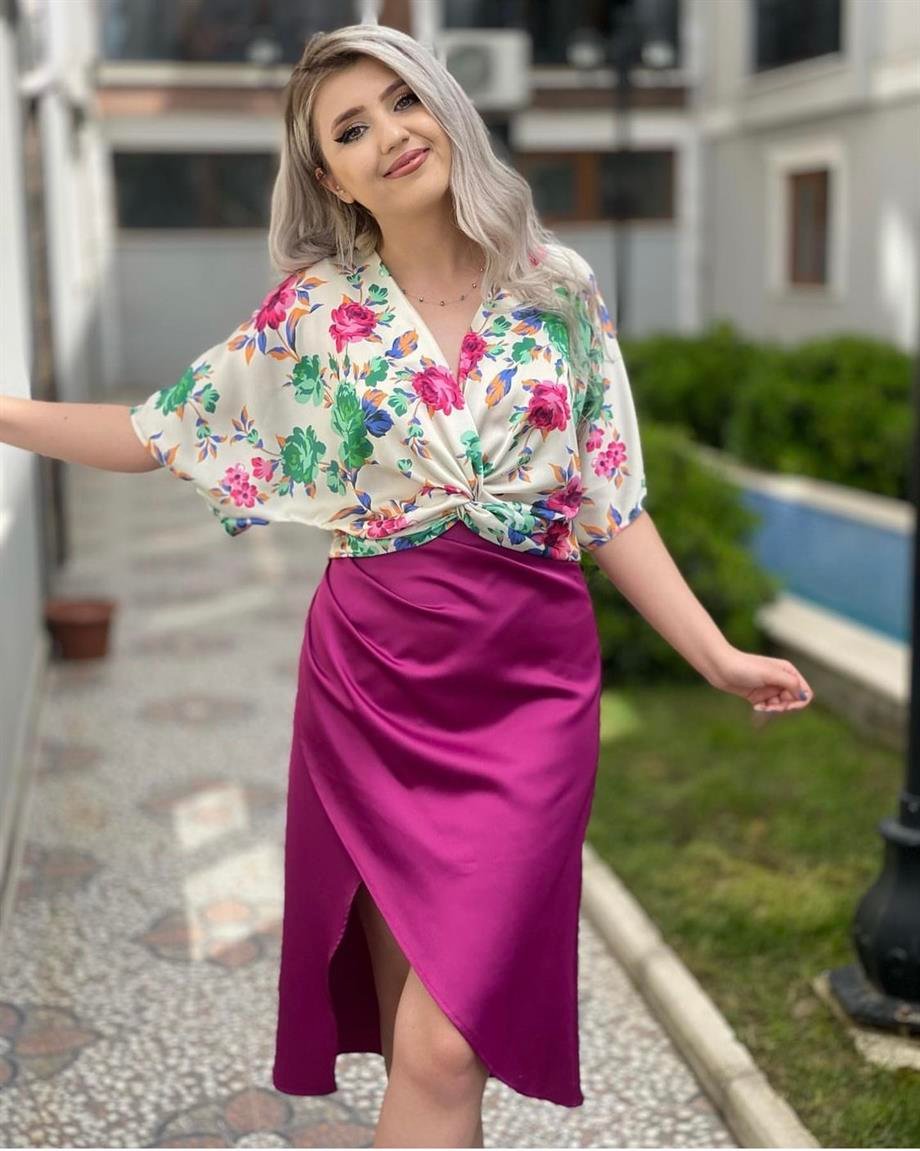 Fuşya Kapaklı Saten Etek 