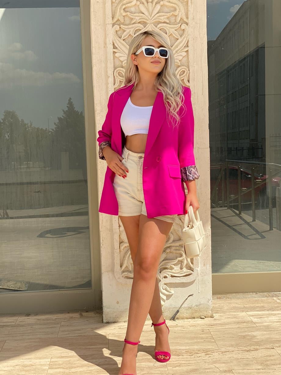 Fuşya Kol Astarı Yılan Detay Blazer Ceket 