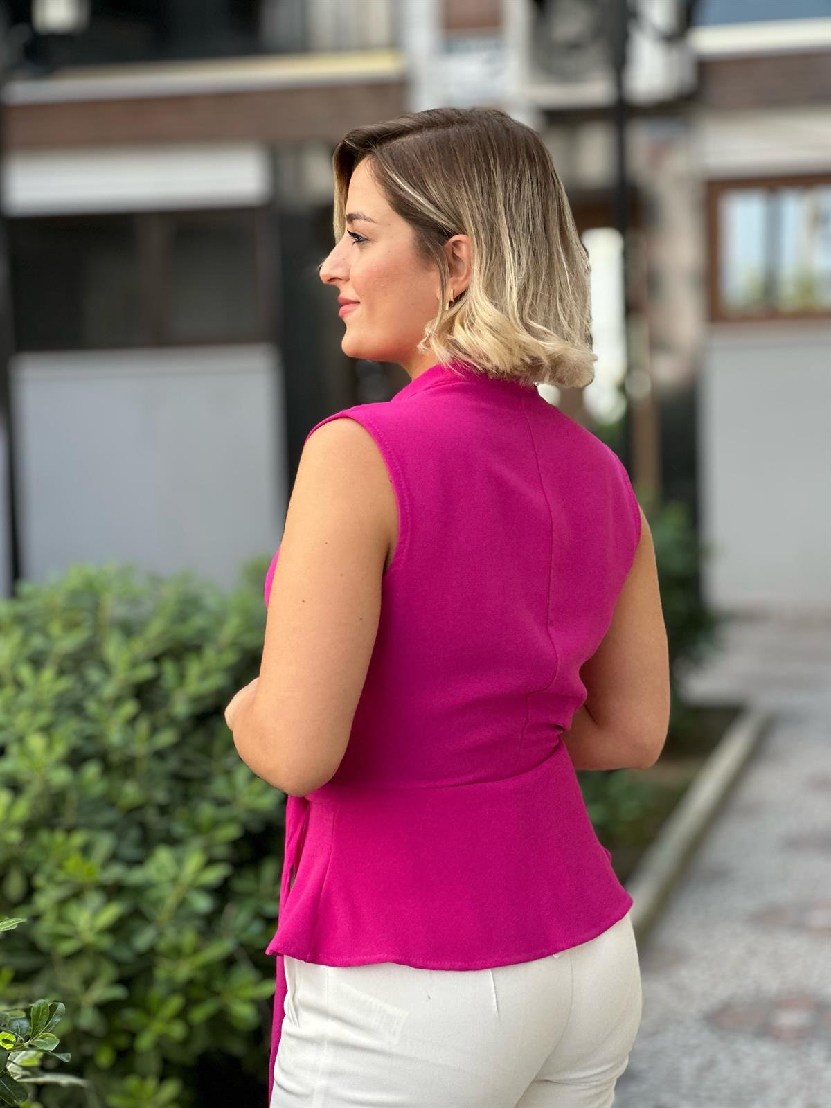 Fuşya Kruvaze Tokalı Bluz 