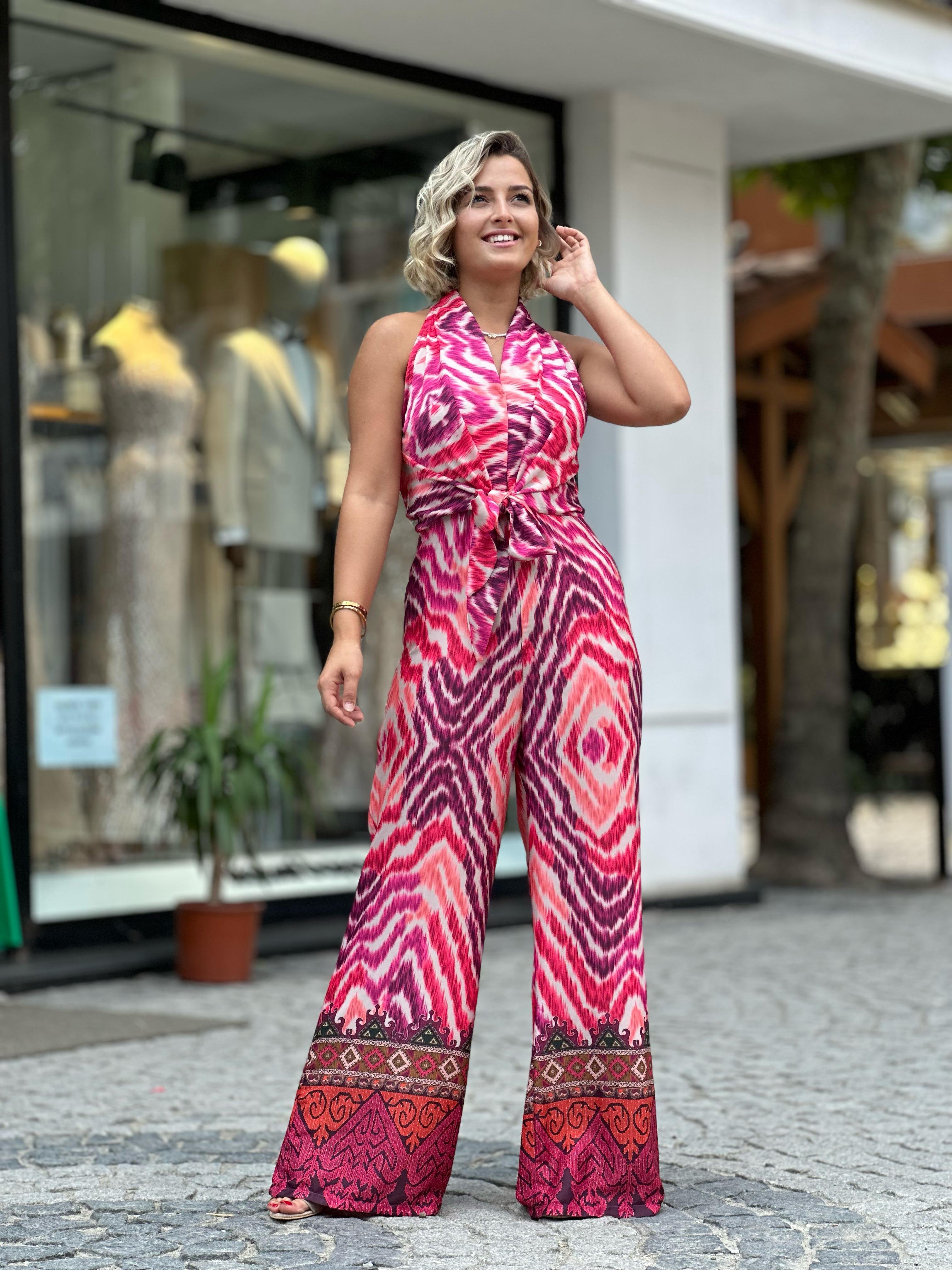 Fuşya Pudra Batik Boyun Bağlamalı Saten Tulum
